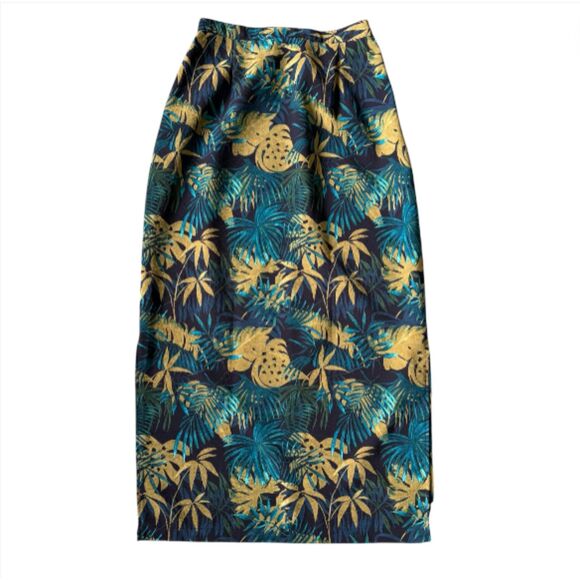 90s Vintage Briggs Dark Tropical Palm Fronds Floral Midi Skirt with Slits size M - Picture 1 of 10